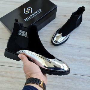 Black Silver Genuine Leather Chelsea Boots, Greek Pattern Boots